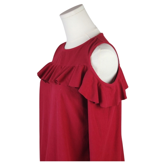 Tickled Teal Red Cold Shoulder Ruffle Top Long Sleeve Stretch Blouse Size M - Picture 2 of 7